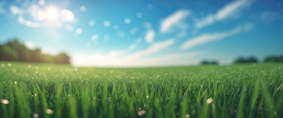 Lush green grass field under a clear blue sky with soft clouds and sunlight shining in a serene daytime landscape Copy Space
