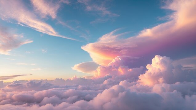 Dramatic sunset clouds with pastel hues in the sky over fluffy cumulus formations creating a tranquil atmosphere Copy Space