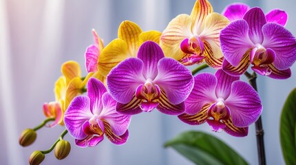 Fototapeta premium Vibrant orchid flowers in purple and yellow hues with green leaves against a blurred background Copy Space