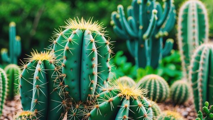 Cacti garden with various species of green cacti and succulents with spines and bright yellow flowers in a natural setting Copy Space