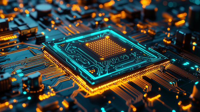 Closeup of a powerful central processing unit CPU installed on a complex motherboard. Glowing teal and orange circuitry highlights the technological sophistication