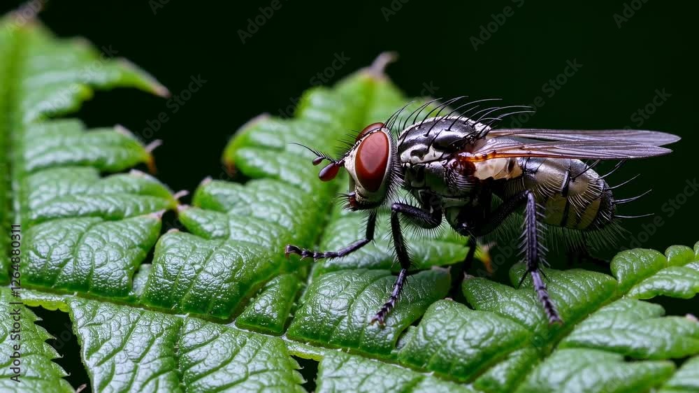Poster close-up exploration of a fly perched on a leafy surface in a lush green environment