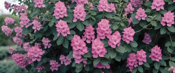 Naklejka premium Blooming pink flowers on a bush with green leaves in a garden setting featuring vibrant floral details and natural beauty Copy Space