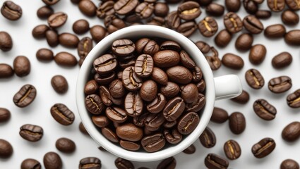 Fototapeta premium Coffee beans in a white cup surrounded by scattered beans on a light surface showcasing the rich texture and color of roasted coffee. Copy Space