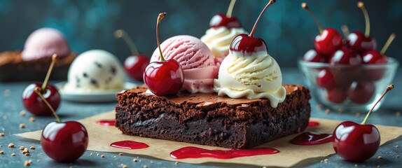 Brownie dessert with scoops of ice cream topped with cherries and cherry sauce, garnished with fresh cherries, dark background, Copy Space