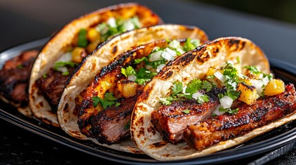 Delicious Grilled Beef Tacos with Pineapple and Fresh Garnishes. Generative AI