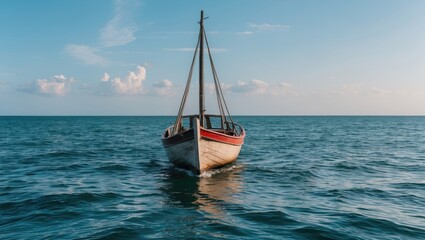 Fototapeta premium Fishing boat sailing on calm ocean waters under clear blue sky with soft clouds and natural lighting Copy Space
