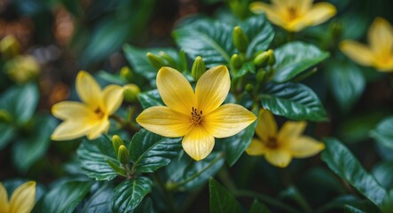 Obraz premium Yellow flowers with green leaves in a garden setting natural light shallow depth of field nature background Copy Space