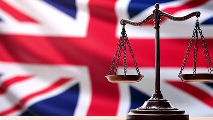 A balance scale symbolizes justice, set against a backdrop of the British flag.