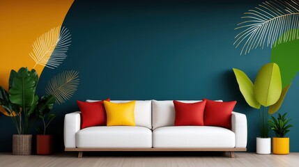 Stunning botanical inspired summer living room wallpaper design with lush tropical leaves vibrant colors and modern furniture for a peaceful and serene home decor