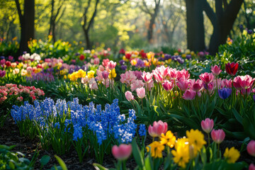 A breathtaking botanical garden in full bloom with vibrant tulips and lush greenery