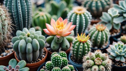 Colorful assortment of cacti and succulents in pots with various textures and shapes ideal for gardening and plant enthusiasts Copy Space