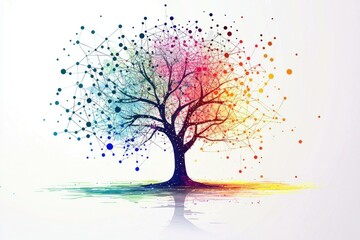 Abstract colorful tree of life illustration with connections, vibrant colors, representing growth, nature, and harmony, suitable for wellness and environmental themes