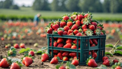 Freshly harvested strawberries in a plastic crate in a strawberry field with blurred background and people picking fruit Copy Space