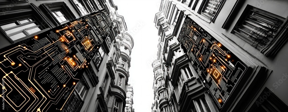 Poster modern alley with abstract circuit patterns on buildings in black and white photography