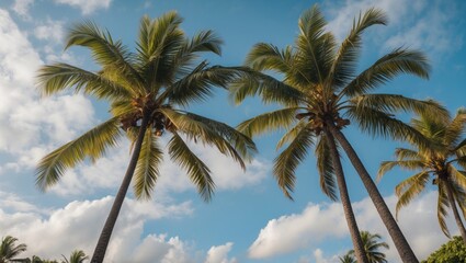 Tropical palm trees against blue sky with clouds, natural landscape, vacation destination, tropical climate, Copy Space
