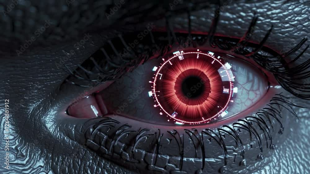Poster exploration of futuristic robotics showcasing a detailed cyborg eye with advanced technology