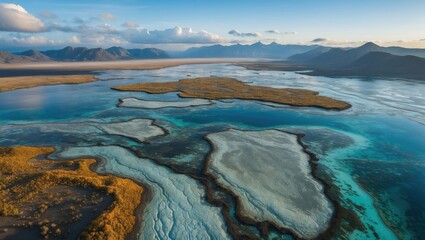 Aerial view of turquoise water and mangrove islands in a coastal landscape during sunset with mountains in the background Copy Space