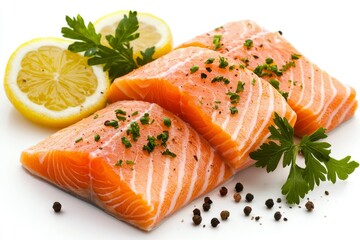 Salmon fillets ready for cooking with lemon slices on white for food presentation