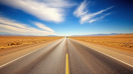 Fototapeta premium A long, straight highway stretching across a desert landscape, with vast open skies and minimal vegetation