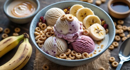 Ice cream bowl with three scoops of various flavors, banana slices, cereal rings, and caramel sauce on wooden table with bananas