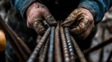 Close-up of steel reinforcement bars of a building tied together, with focus on the worker's hands.