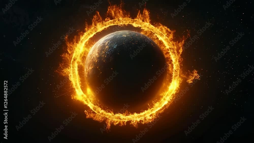Poster ring of fire surrounding planet earth, symbolizing global warming and climate change issues, creatin