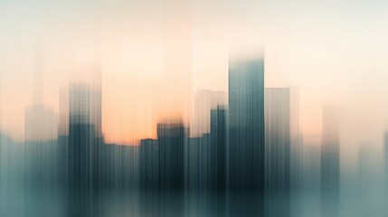 Fototapeta premium blurred urban panorama, highrise building view, soft focus architecture, morning sun rays, glass window reflections, modern city aesthetic, foggy cityscape, elegant skyscraper silhouettes, peaceful