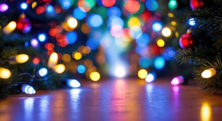 Colorful holiday lights blurred in festive setting with Christmas tree branches visible and warm glowing colors, Copy Space