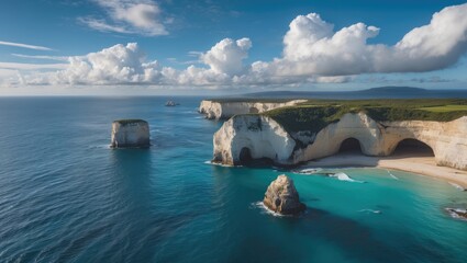 Coastal landscape with limestone cliffs and turquoise ocean under blue sky with clouds in a scenic natural setting Copy Space