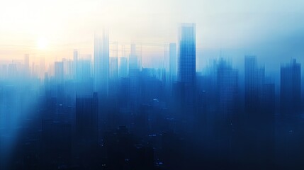 metropolitan morning vista, ethereal city landscape, filtered sunlight through glass, modern architectural silhouettes, serene urban dawn, contemporary skyline view, ambient blue tones, peaceful city