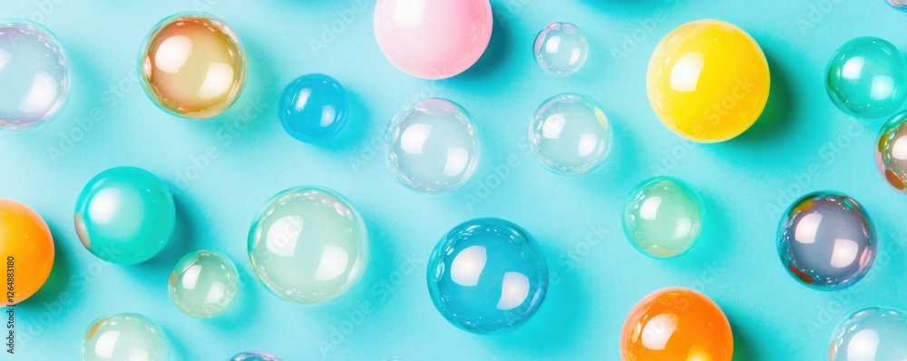 Fototapete colorful soap bubbles floating on bright blue surface in various sizes and shapes creating a playful
