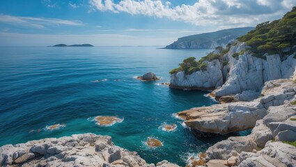 Fototapeta premium Coastal landscape with clear blue waters, rocky cliffs, and distant islands under a bright sky, ideal for marine and nature scenes, Copy Space