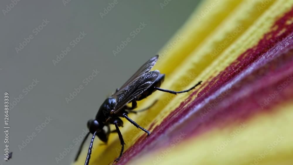 Poster close-up view of a black insect crawling on a vibrant yellow and red leaf in a lush outdoor setting