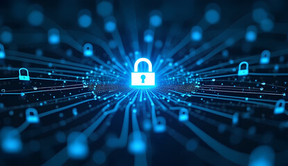 Digital Lock Shield Protecting a Network of Connected Devices with Firewalls, Encryption Keys, and Secure Servers