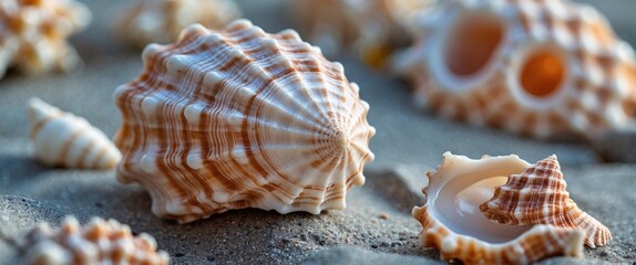 Obraz premium Close-up of various seashells on sandy beach with intricate patterns and natural colors, ideal for marine or coastal themes, Copy Space