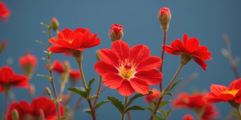 Bright red flowers in bloom with green leaves against a blue background featuring ample copy space for text placement