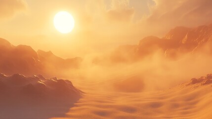 Fototapeta premium desert dunes bathed in sunlight, otherworldly sunset scene, pristine sandy landscape, dramatic evening atmosphere, golden desert vista, peaceful wilderness setting, luminous sky, ethereal sand