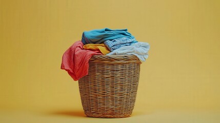 An inviting collection of crumpled vibrant towels overflowing from the woven basket creates a playful yet practical ambiance in a colorful laundry space.