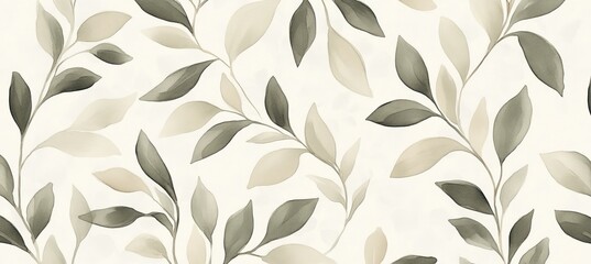 Seamless Pattern, Watercolor Leaves, Light Green and Cream Background, Intricate Details, Pastel