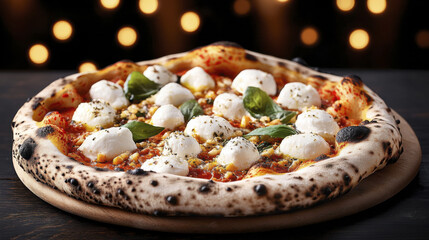 Delicious pizza topped with fresh mozzarella, basil, and herbs