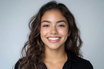 Obraz premium professional beauty portrait with soft rim lighting, confident latina model with perfect smile, clean white background, commercial dental photography style