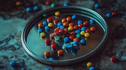 Assortment of sweet candy on a mirror. multi colored jelly candies on a mirror background. mirrored candies. Sweets background. Copy space. Top view.