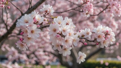 Cherry blossom branches filled with pink flowers in full bloom during springtime with blurred background, nature scenery, Copy Space