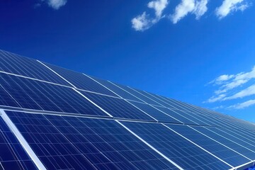 professional installer in safety gear mounting solar panels on modern rooftop, dramatic perspective with blue sky