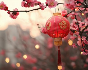 Obraz premium Lantern hanging on plum blossom branch, sunset, garden lights