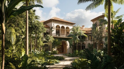 Obraz premium villa built with Mediterranean-inspired architecture, featuring terracotta roofs, stucco walls, and expansive courtyards