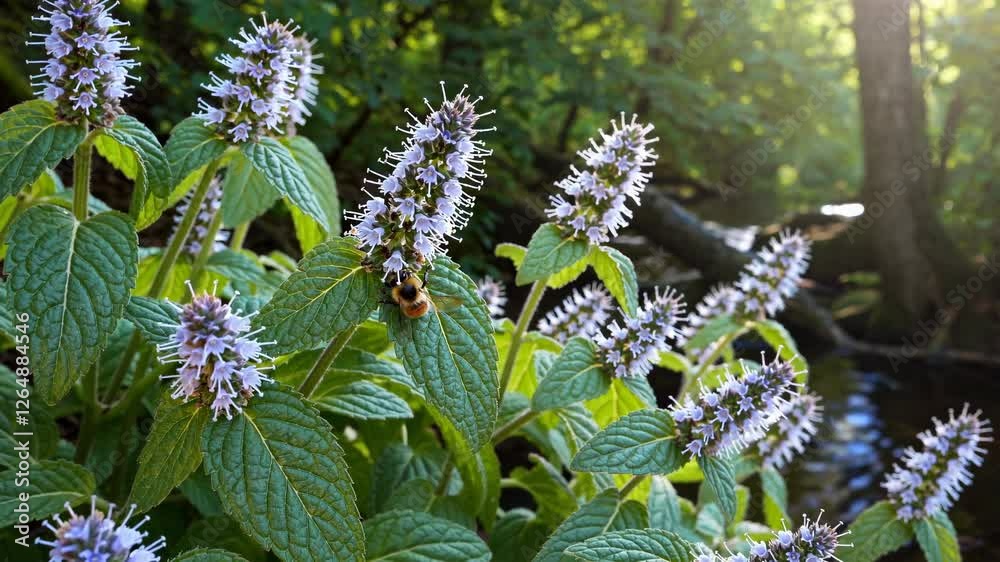 Aufkleber Discovering fragrant wild herbs by the stream in a serene forest setting during the golden hour