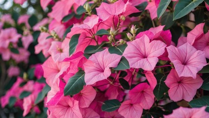 Bougainvillea flowers in vibrant pink hue covering a trellis with green leaves in background suitable for floral designs and presentations Copy Space