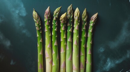 Fresh green asparagus spears lined up on a dark surface with a textured background and copy space available for text placement